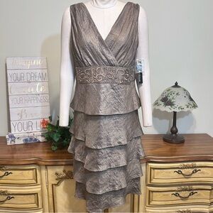 R&M Richards Mocha Gold Shimmer Beaded Jeweled Sleeveless Tiered Midi Dress
